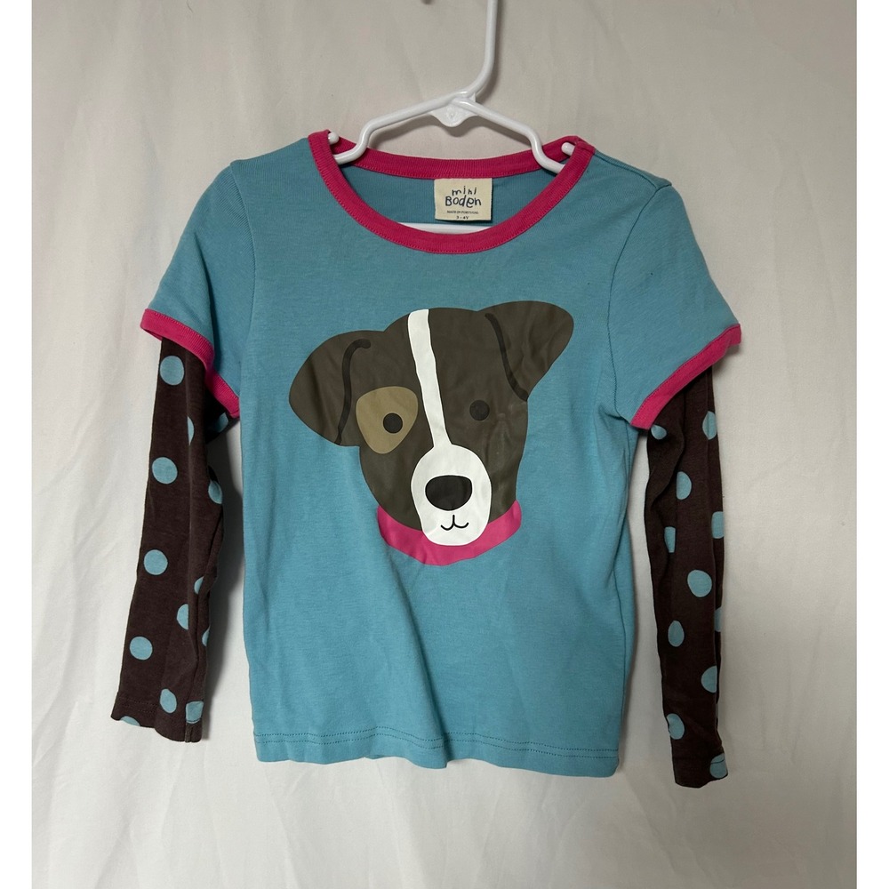 Mini Boden Girls Dog Graphic Layered Look Shirt Blue Brown Polka Dot 3-4Yr